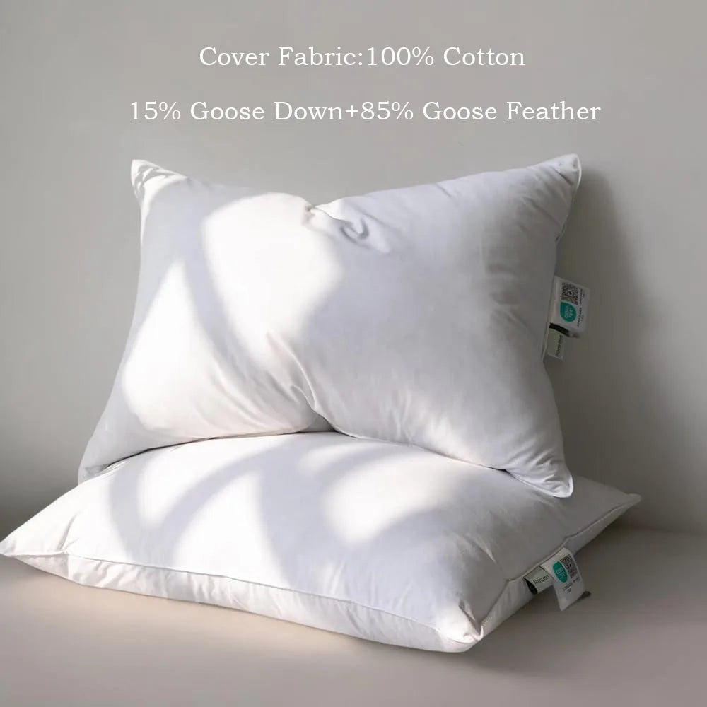 2pcs Luxury Goose Feather Down Pillows Soft Supportive Sleeping Pillows with Cotton Cover
