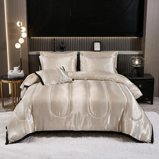 Luxury Satin King Comforter Set – Beige & Black Ruffle Bedding