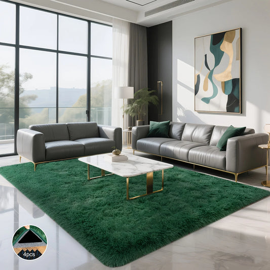 Dark Green Soft Shaggy Non-Slip Rug – Luxury Plush Carpet with 4 Rug Stickers