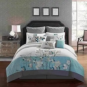 7-Piece Embroidered Oversized Comforter Set – Elegant Purple & Grey All-Season Bedding