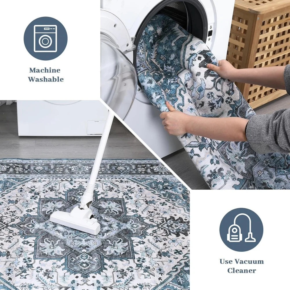 Vintage Medallion Washable Area Rug 8×10 – Soft Low-Pile Non-Slip Carpet