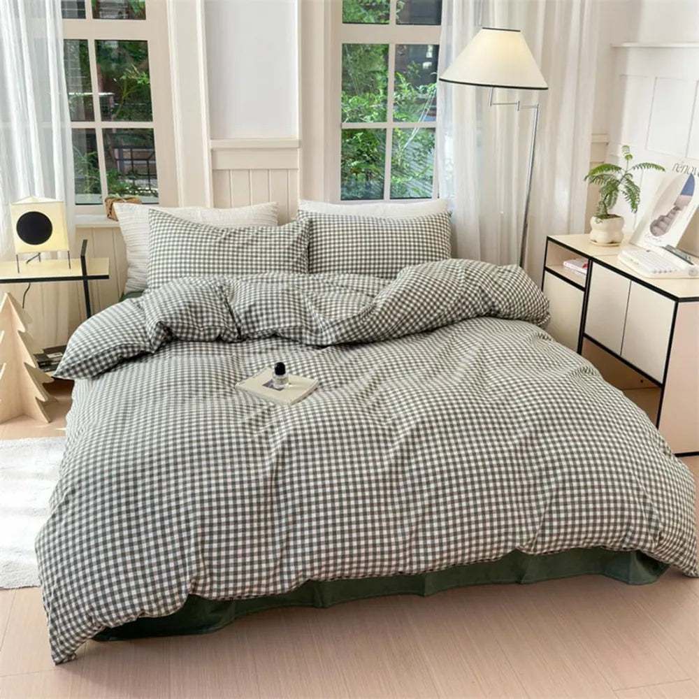Queen Size Cotton Plaid Duvet Cover Set – Washed Green Gingham 3-Piece Bedding 🍃🛏️