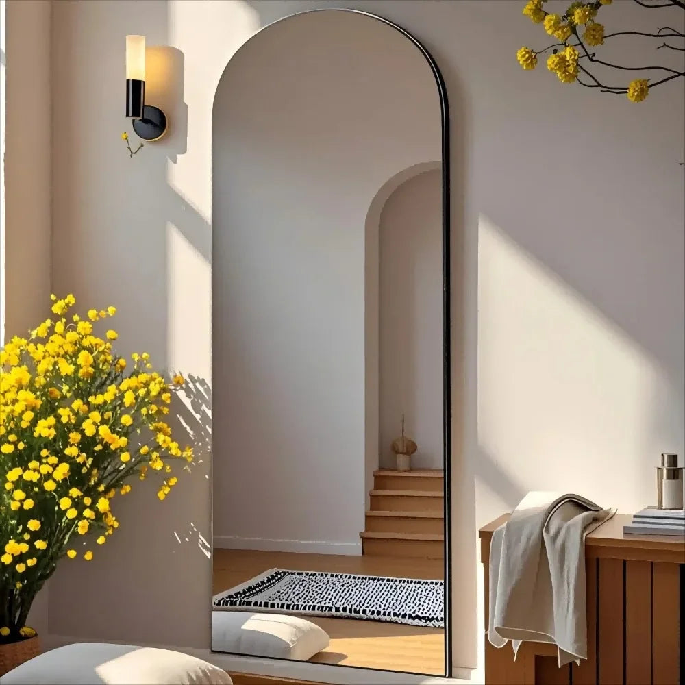 57"X21" Arched Full Length Mirror – Aluminum Alloy Frame Floor & Wall Mirror, Black
