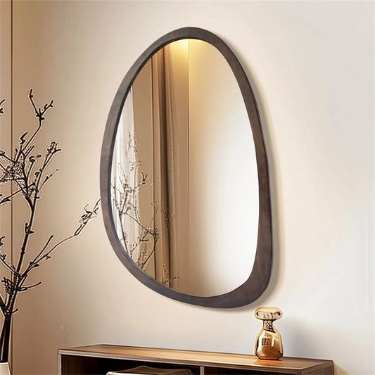 Irregular Decorative Wall Mirror with Black Walnut Wood Frame – Modern Asymmetrical Accent Mirror