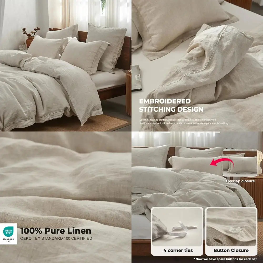 King Size Linen Duvet Cover Set – 3-Piece Washed Linen with Embroidery