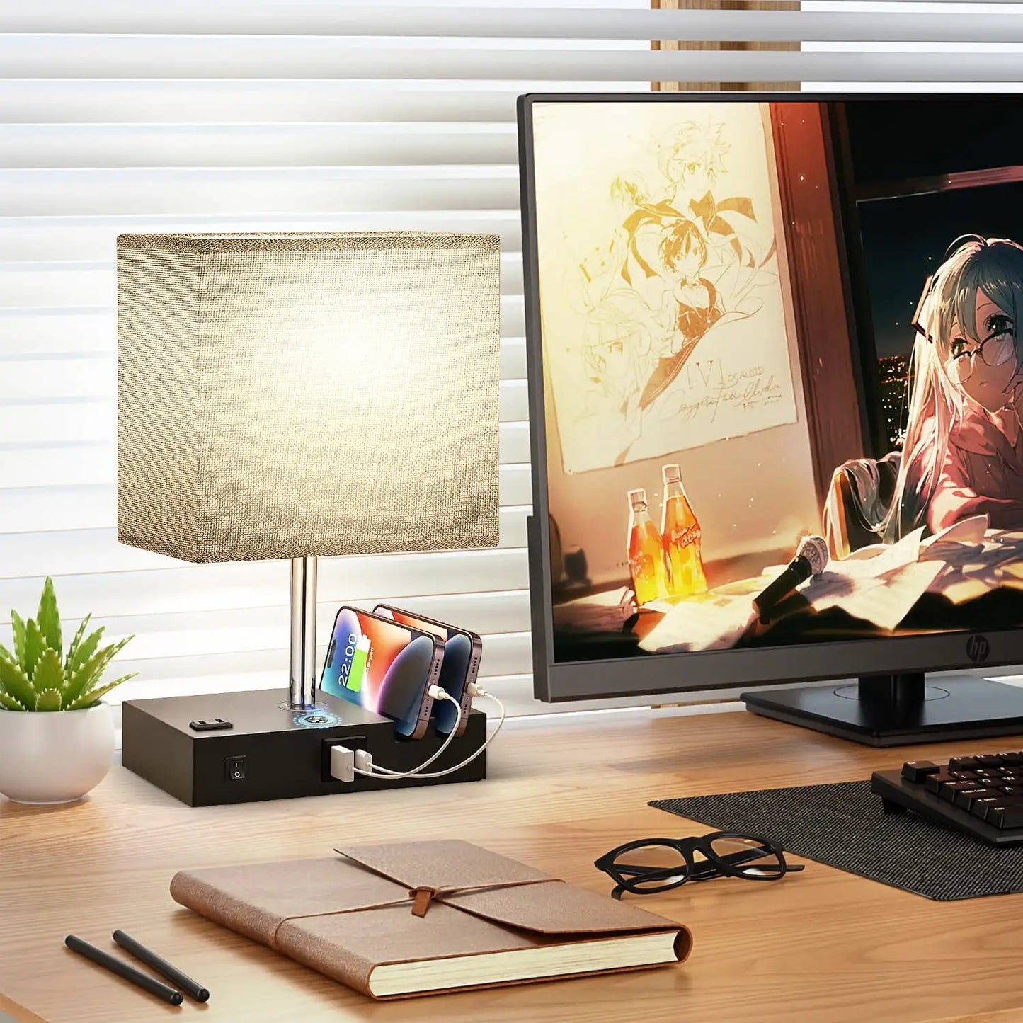 Bedside Table Lamp with USB & AC Outlet – 3-Level Dimmable Touch Desk Lamp