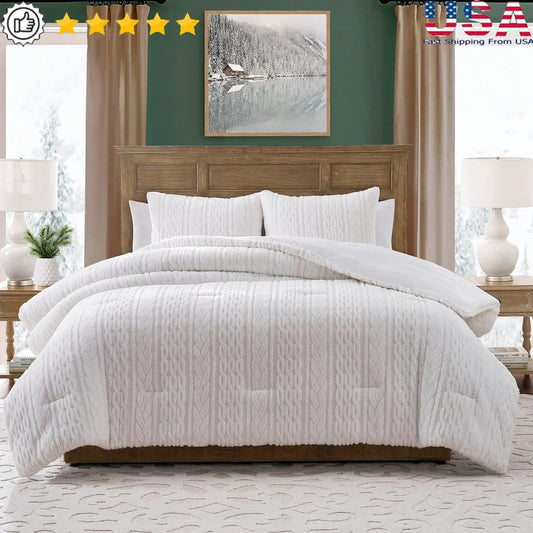 3-Piece King Faux Rabbit Fur Comforter Set – Textured Cable Knit Patterns