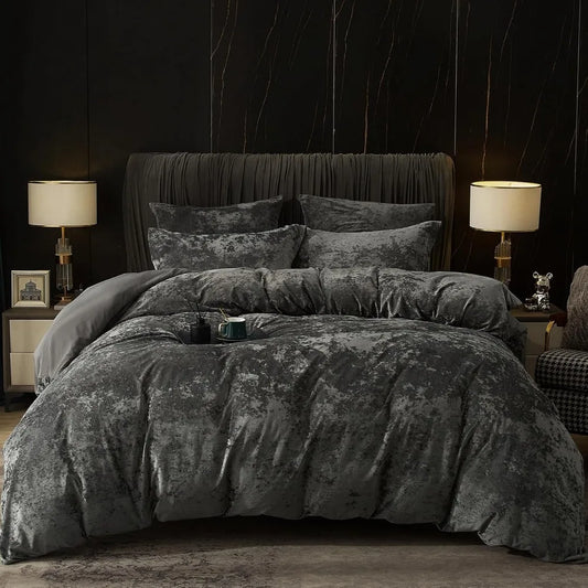 Queen Velvet Duvet Cover Set – 3-Piece Ultra Soft Dark Grey Flannel Bedding