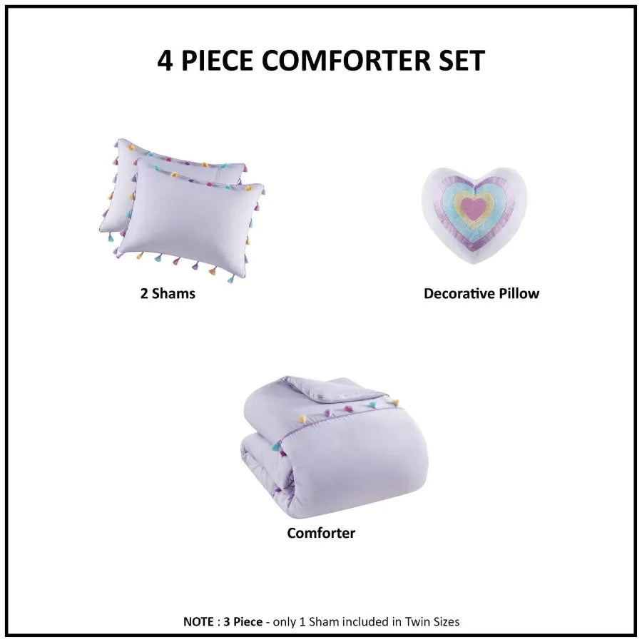 Tassel Comforter Set with Heart Shaped Throw Pillow Full Queen