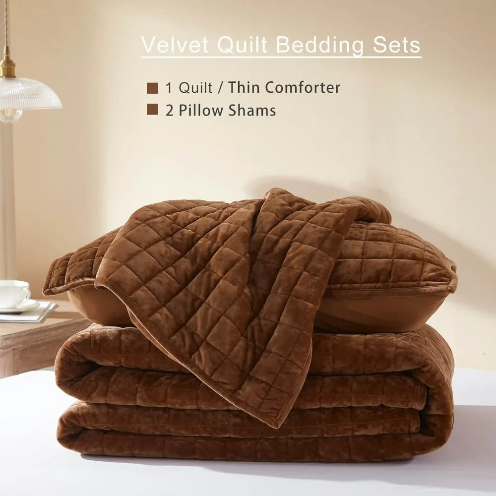 King Size Velvet Quilt Set – 98x106 in, Lightweight Caramel Comforter with 2 Pillow Shams