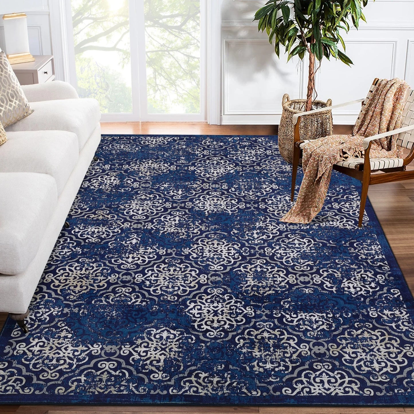 Soft Floral Washable Area Rug – Large Low Pile Carpet for Living Room or Bedroom