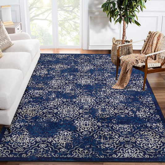 Soft Floral Washable Area Rug – Large Low Pile Carpet for Living Room or Bedroom