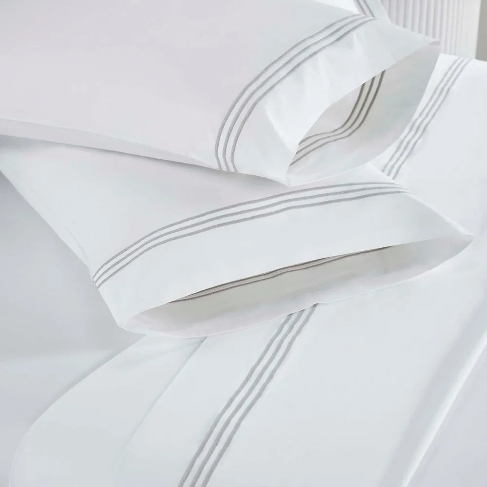 King Size 100% Cotton Sheet Set – White with Silver Embroidery