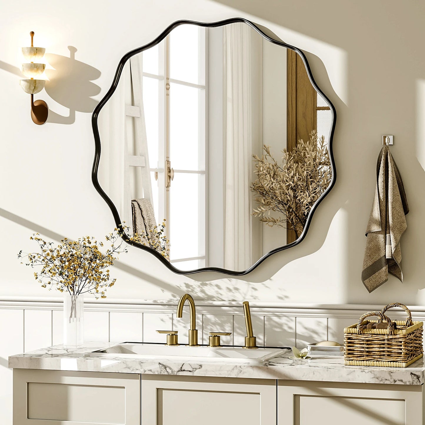 Wavy Round Bathroom Wall Mirror – Decorative Deep Frame