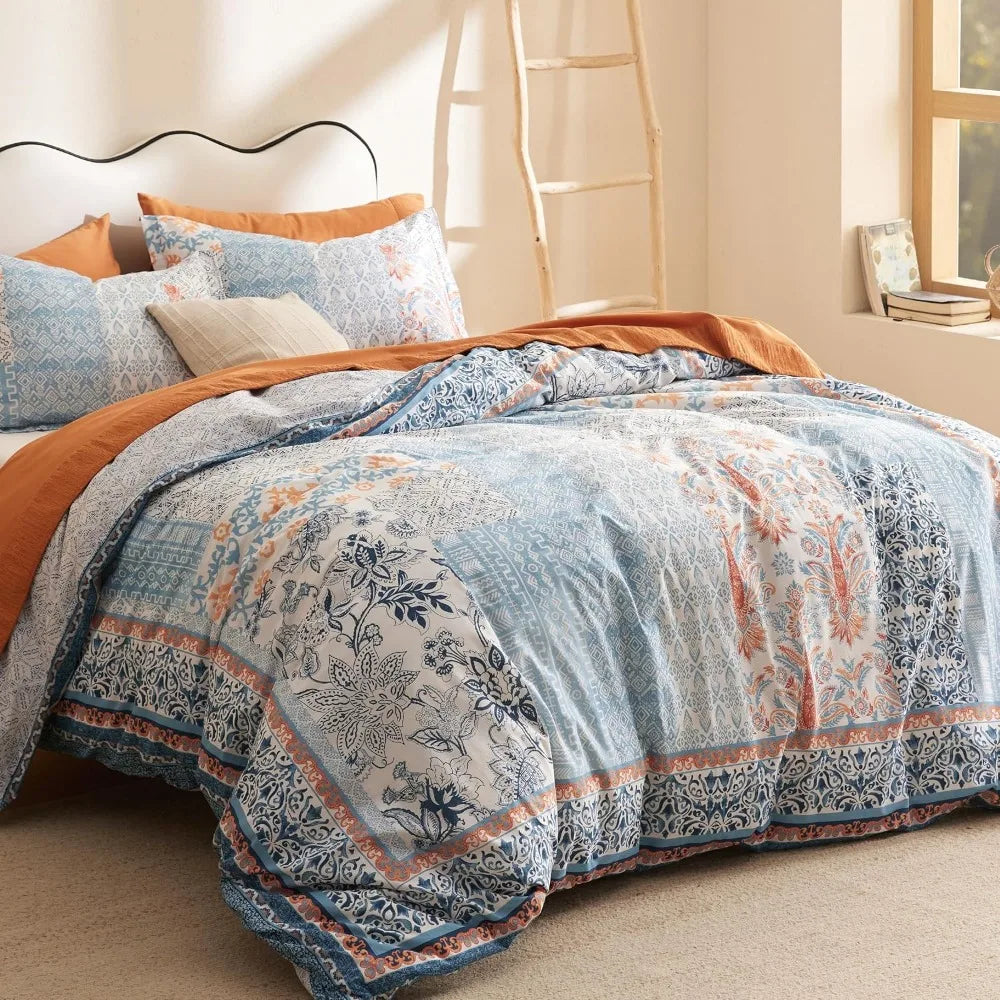 Queen Cotton Floral Duvet Cover Set – 3-Piece Reversible Soft Breathable Bedding with Zipper Closure