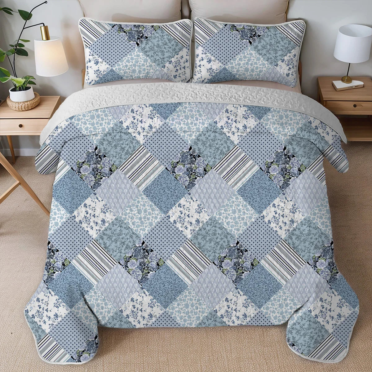 Geometric Grid Printed Quilt Set – Lightweight, Breathable & Stylish