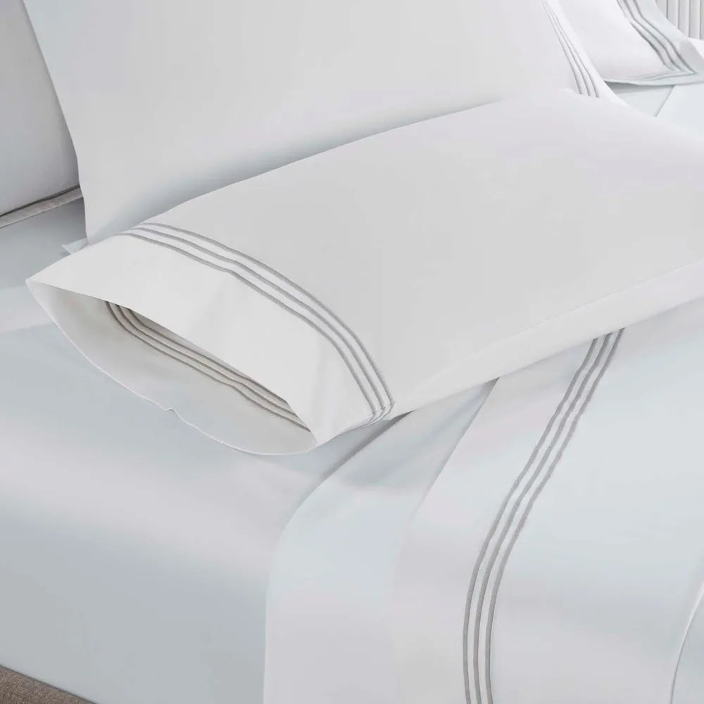 King Size 100% Cotton Sheet Set – White with Silver Embroidery