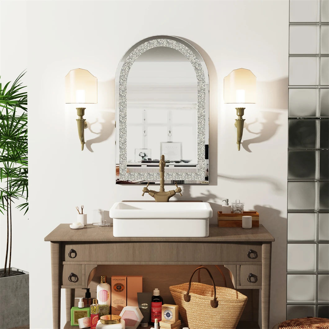 Large Crystal Diamond Wall Mirror – 23.6 x 35.4 in Silver Beveled Glass Mirror for Living Room, Bedroom, or Hallway