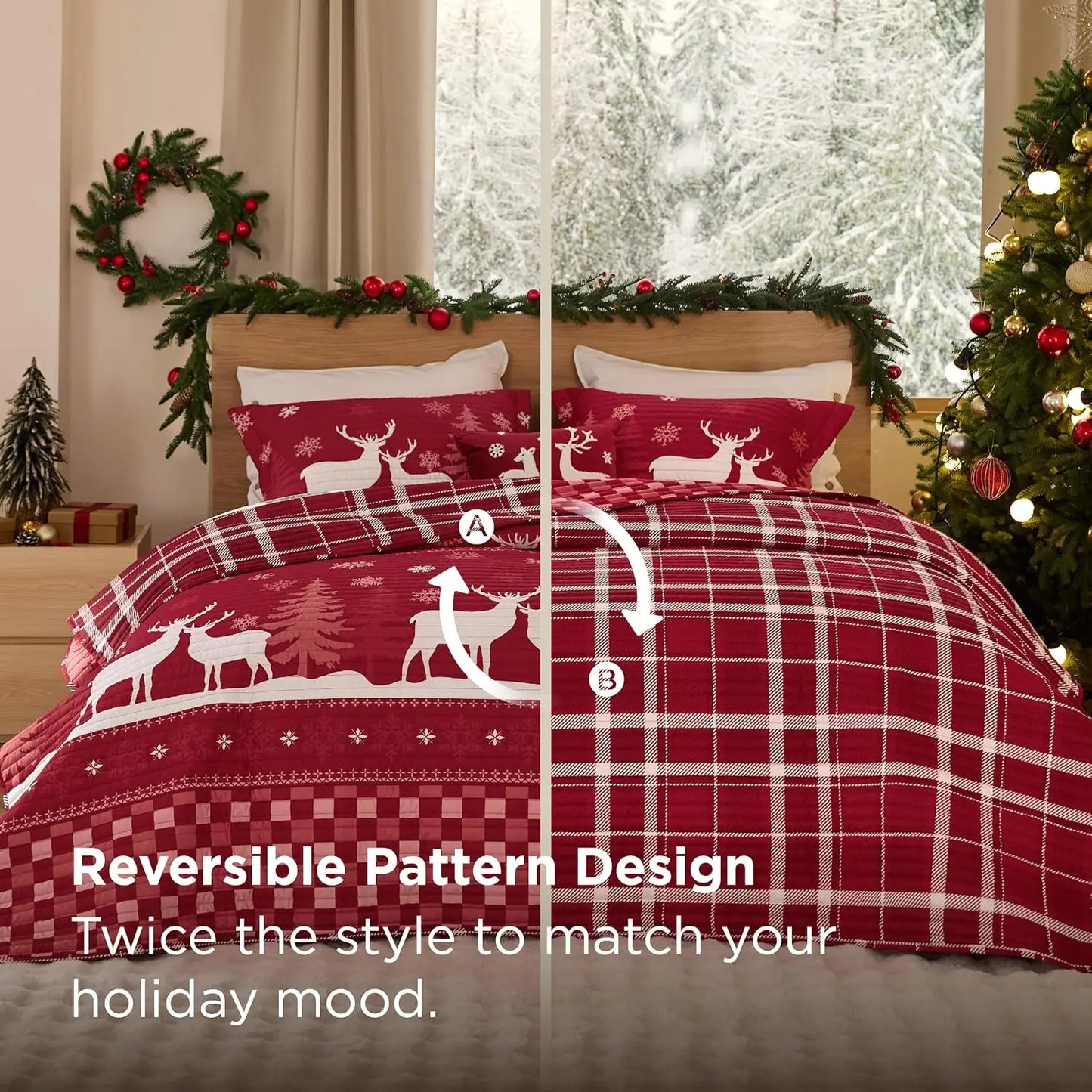 Christmas Quilt Bedding Set – Red, King Size, Reversible