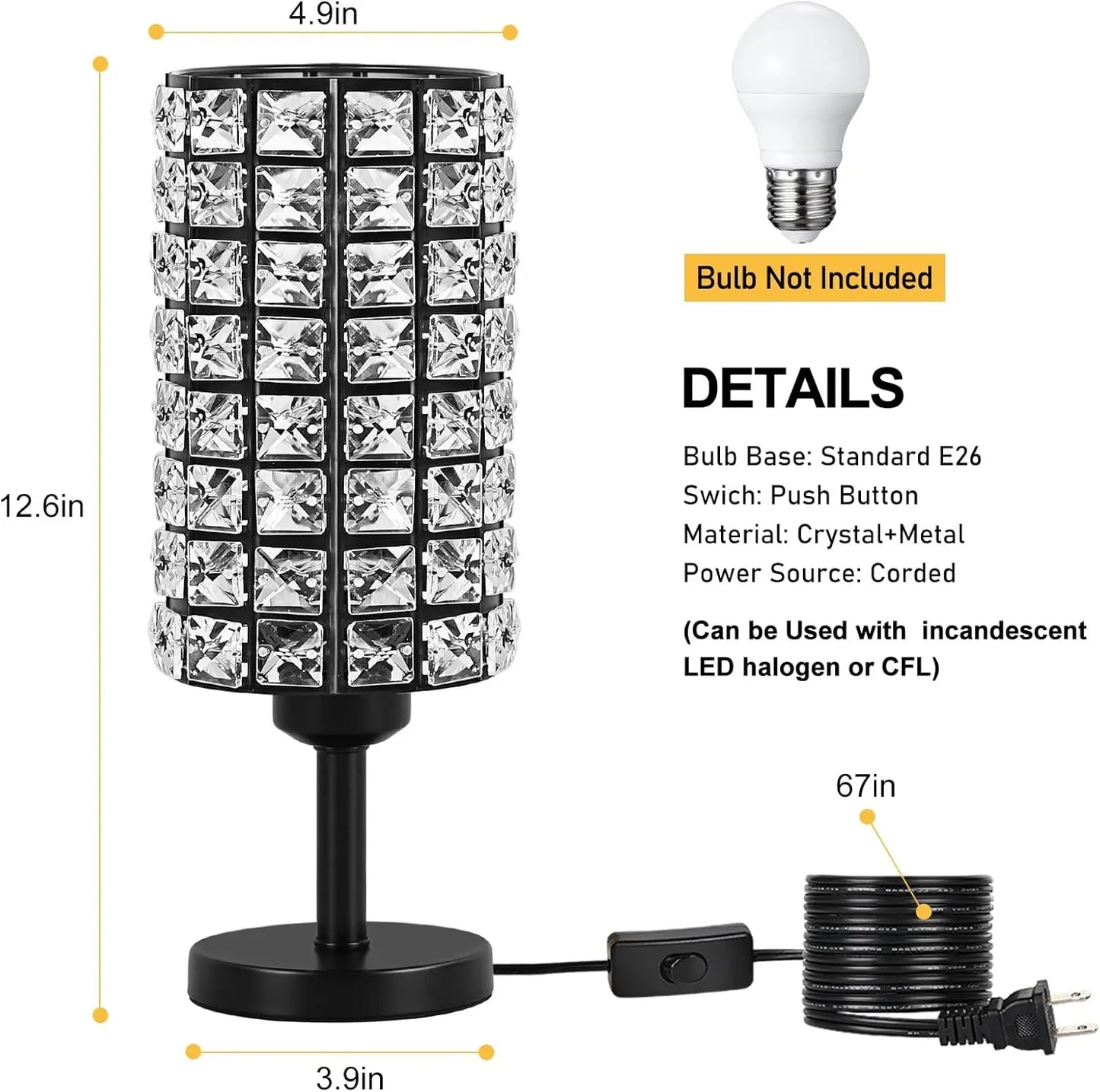 Set of 2 Black Crystal Table Lamps – Modern Bedside & Desk Lamps for Living Room