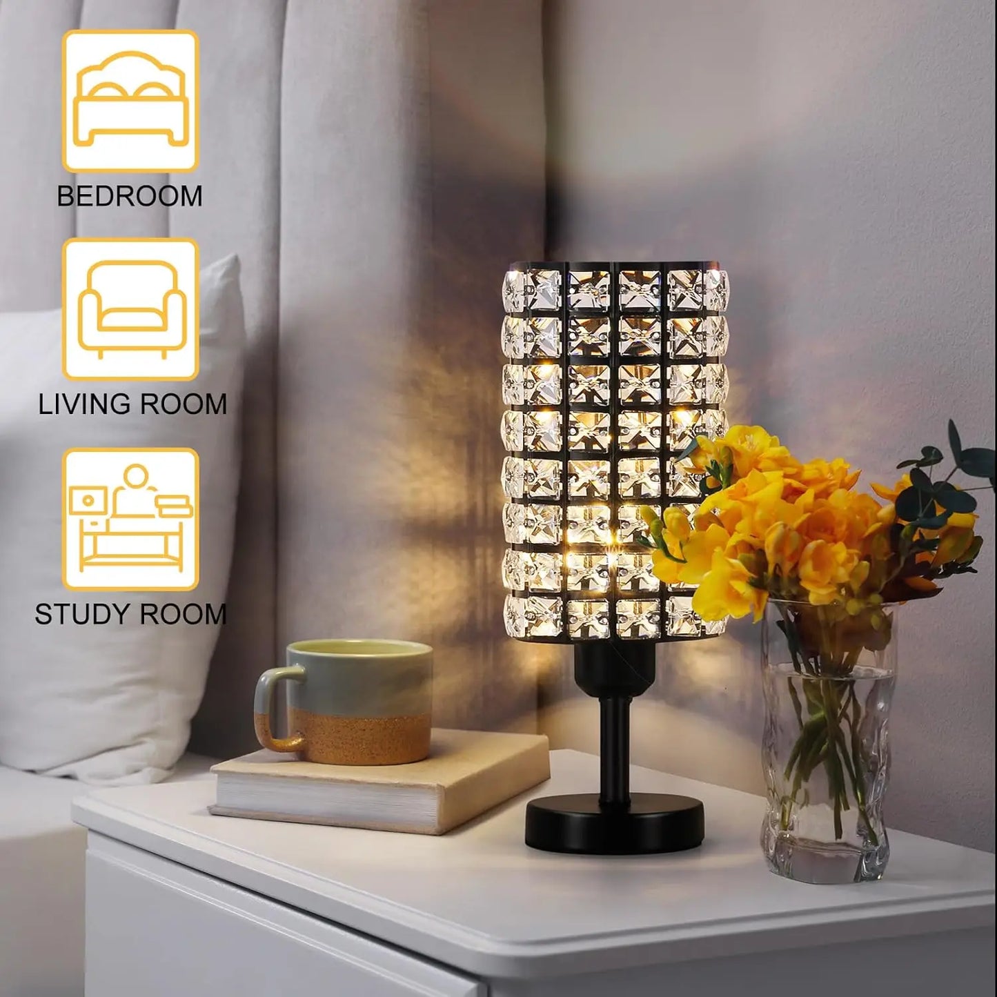 Set of 2 Black Crystal Table Lamps – Modern Bedside & Desk Lamps for Living Room