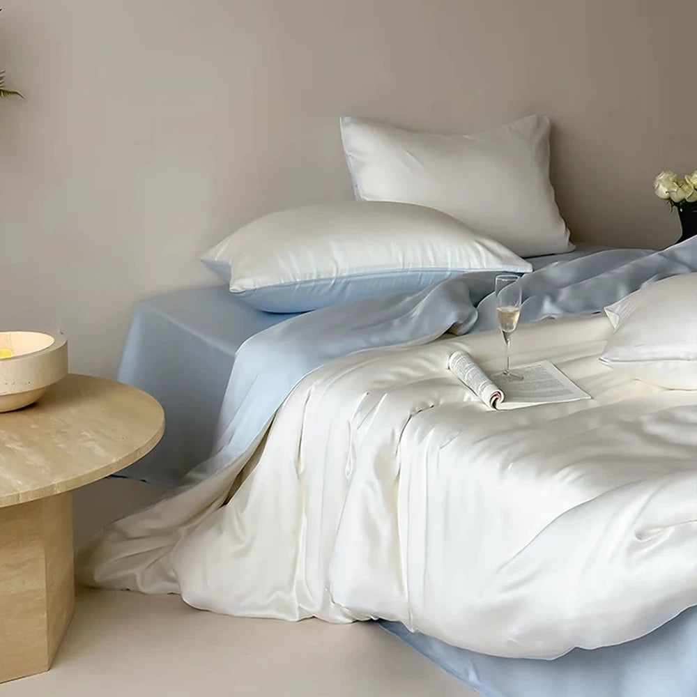 Liv Esthete 100% Silk 4-Piece Bedding Set – White Blue | Duvet Cover, Flat Sheet & 2 Pillowcases