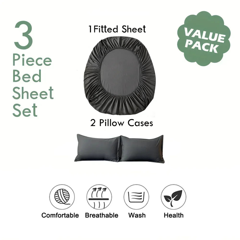 3-Piece Cotton Fitted Bed Sheet Set – Soft, Breathable Fitted Sheet & 2 Pillowcases