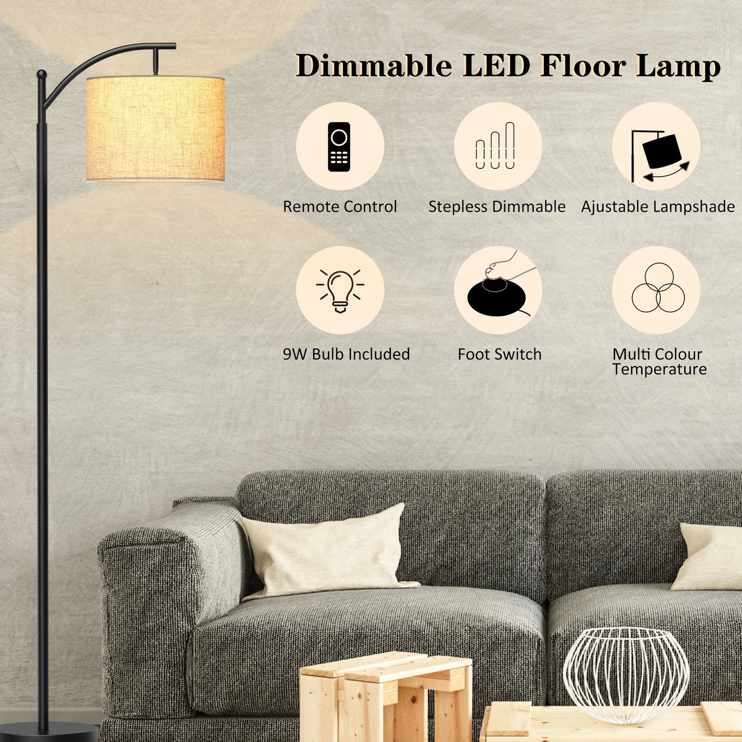 62-Inch Arched Floor Lamp – Remote-Controlled Dimmable LED with Bulb Included