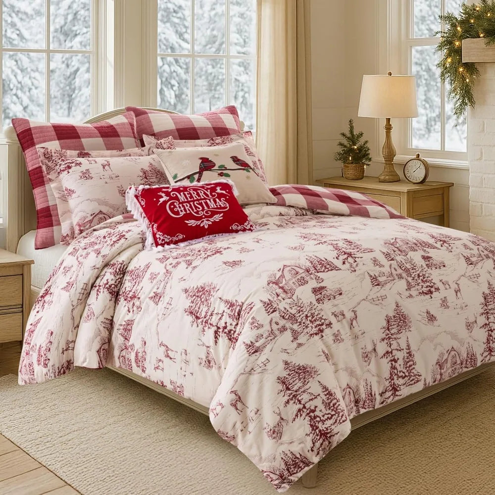 Levtex Home King Duvet Cover Set – Winter Sleigh Ride Red & Cream Reversible Bedding with 2 Shams