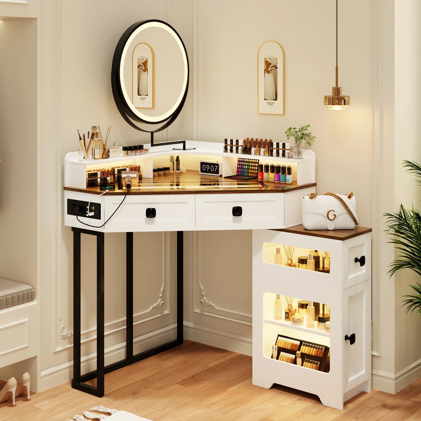 Corner Vanity Desk with Mirror & Lights – Modern Makeup Station
