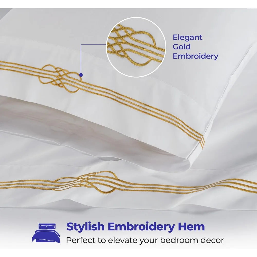 Luxury Cotton Bed Sheet Set – Queen Size, White & Gold Sateen