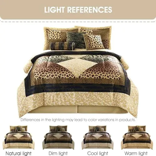 Brown & Gold Leopard King Comforter Set – 9-Piece Safari Animal Print Bedding with Bed Skirt, Pillows & Curtains
