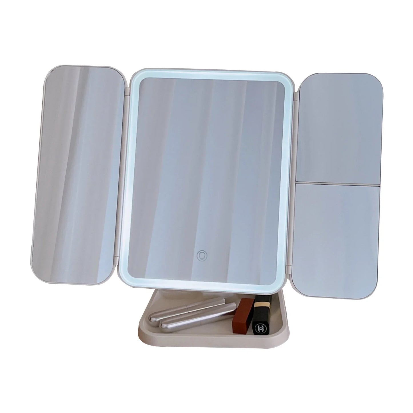 Trifold LED Makeup Mirror – Adjustable Light & Magnification ✨