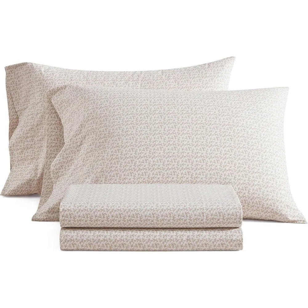 Martha Stewart Home 100% Cotton Percale Sheet Set – Queen Size (Leaves Beige)