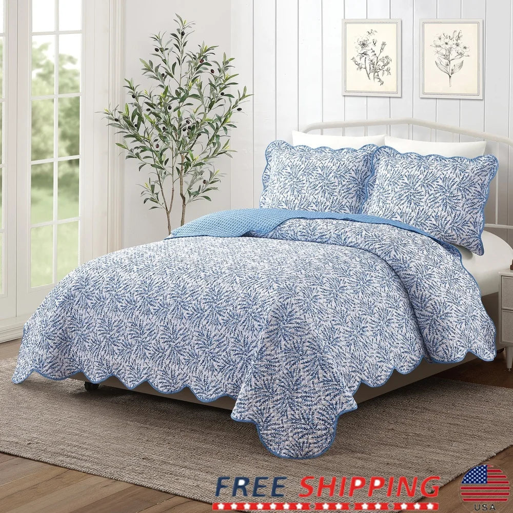 3-Piece Blue Fern Quilt Set – Soft, Cooling & Modern Elegance