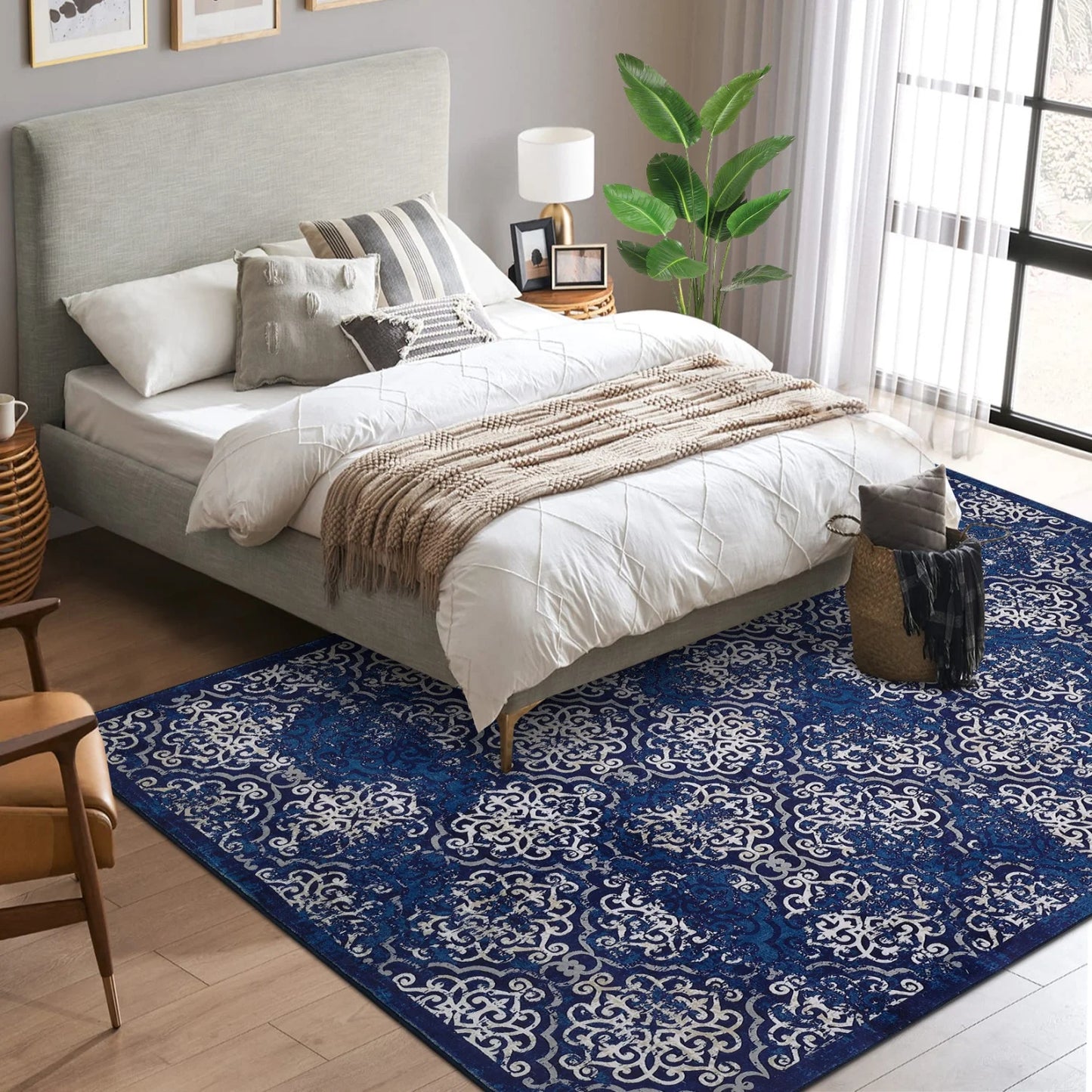 Soft Floral Washable Area Rug – Large Low Pile Carpet for Living Room or Bedroom