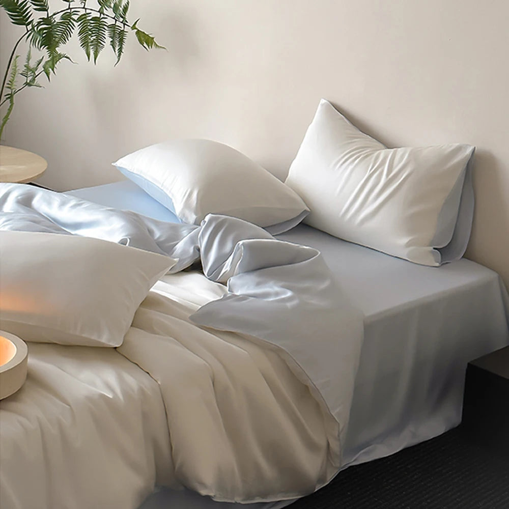 Liv Esthete 100% Silk 4-Piece Bedding Set – White Blue | Duvet Cover, Flat Sheet & 2 Pillowcases