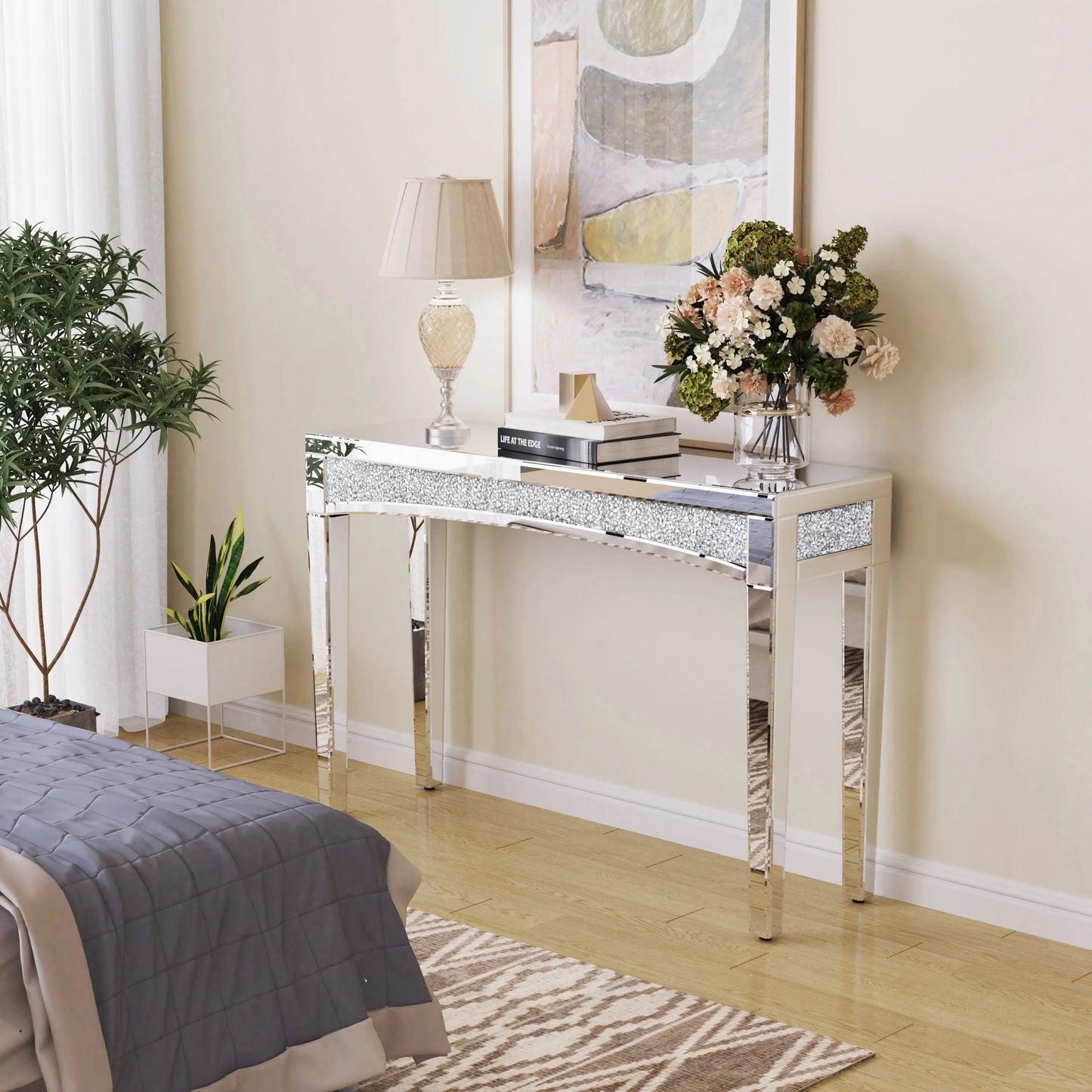 47.2” Mirrored Console Table with Crystal Inlay Front – Silver Glass Sofa Table for Living Room, Entryway & Foyer