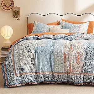 Queen Cotton Floral Duvet Cover Set – 3-Piece Reversible Soft Breathable Bedding with Zipper Closure