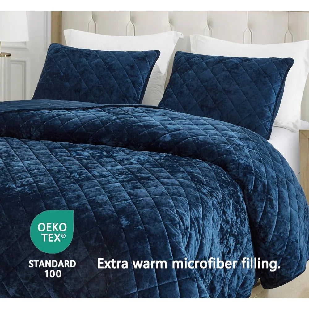 Luxurious Navy Blue Velvet Quilt Set – Plush, Lightweight & All-Season Comfort