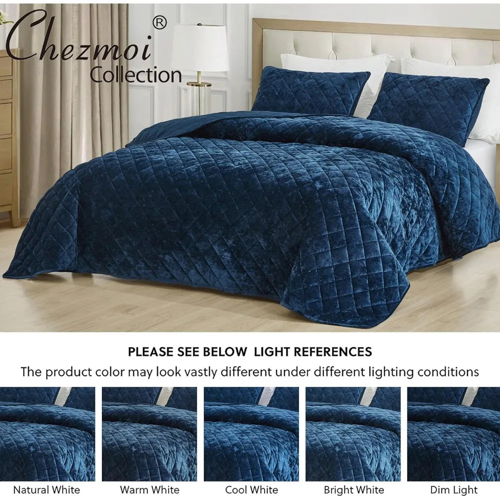 Luxurious Navy Blue Velvet Quilt Set – Plush, Lightweight & All-Season Comfort