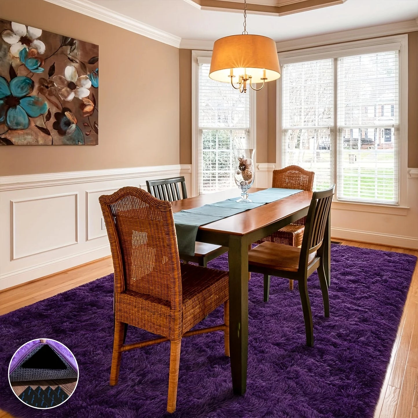 Purple Soft Shaggy Non-Slip Rug – Plush Area Carpet with 4 Stickers