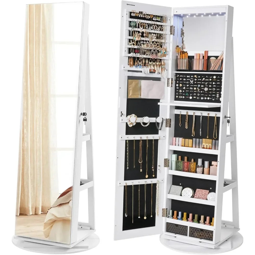 6-LED Lockable Jewelry Cabinet with Full-Length Mirror