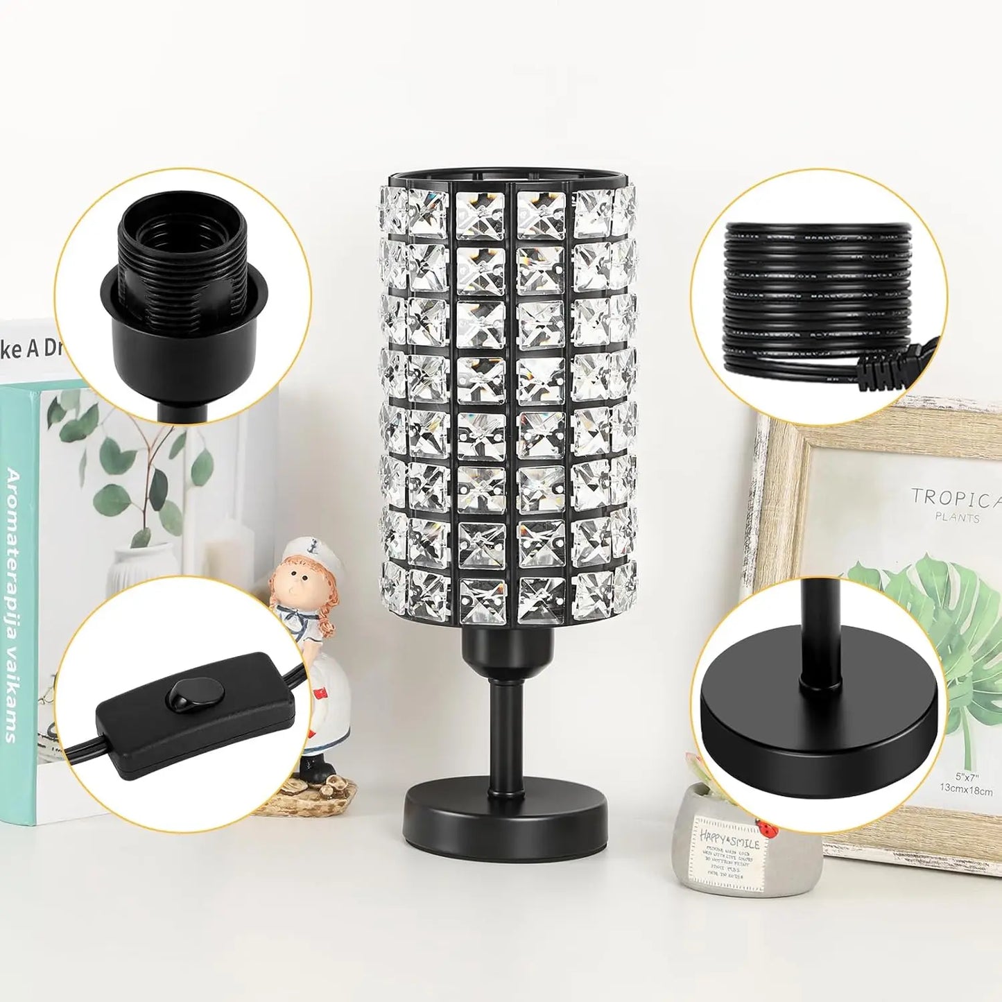 Set of 2 Black Crystal Table Lamps – Modern Bedside & Desk Lamps for Living Room