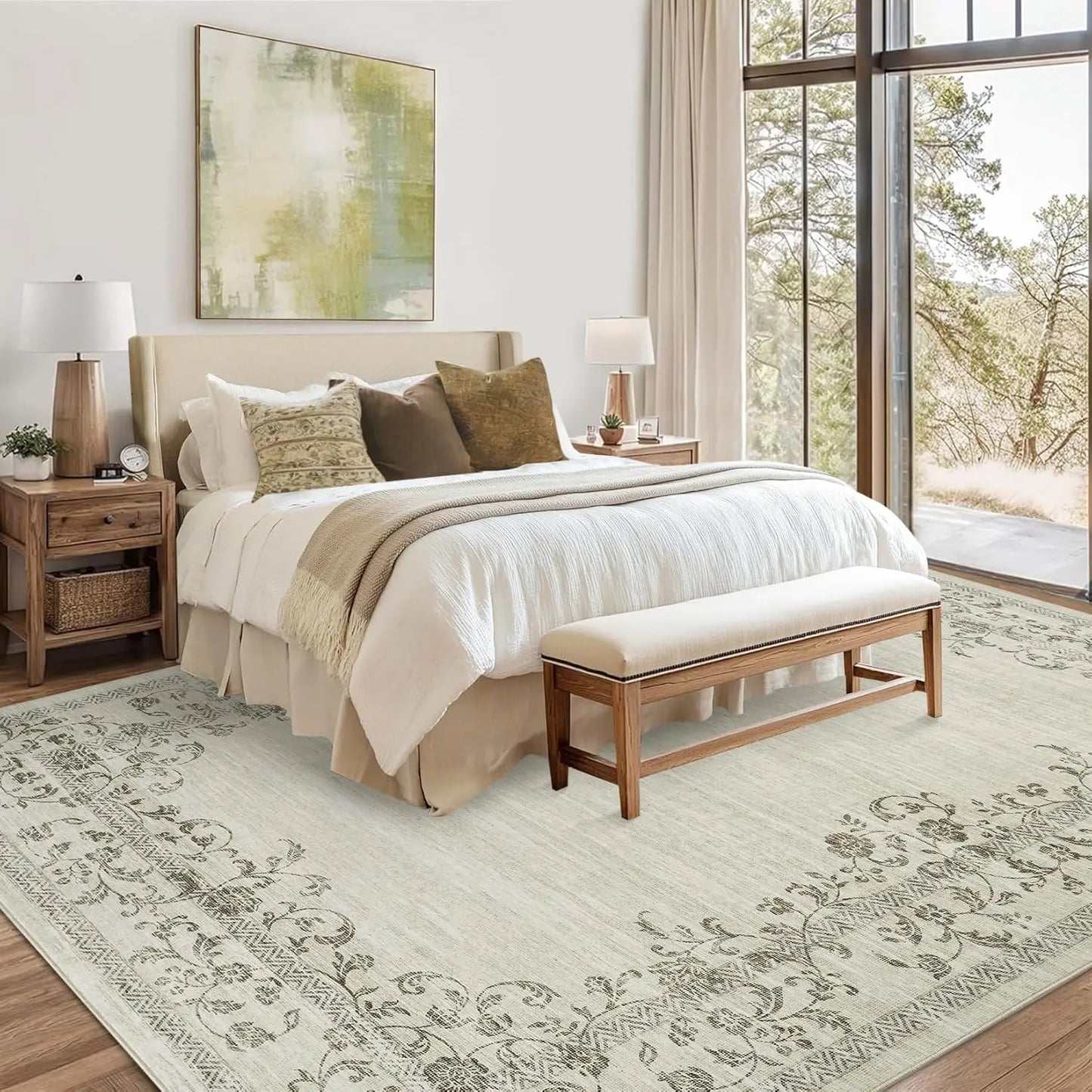 Washable Area Rug Farmhouse Floral Border Soft Indoor Carpet for Bedroom Living Room Dining Room Office