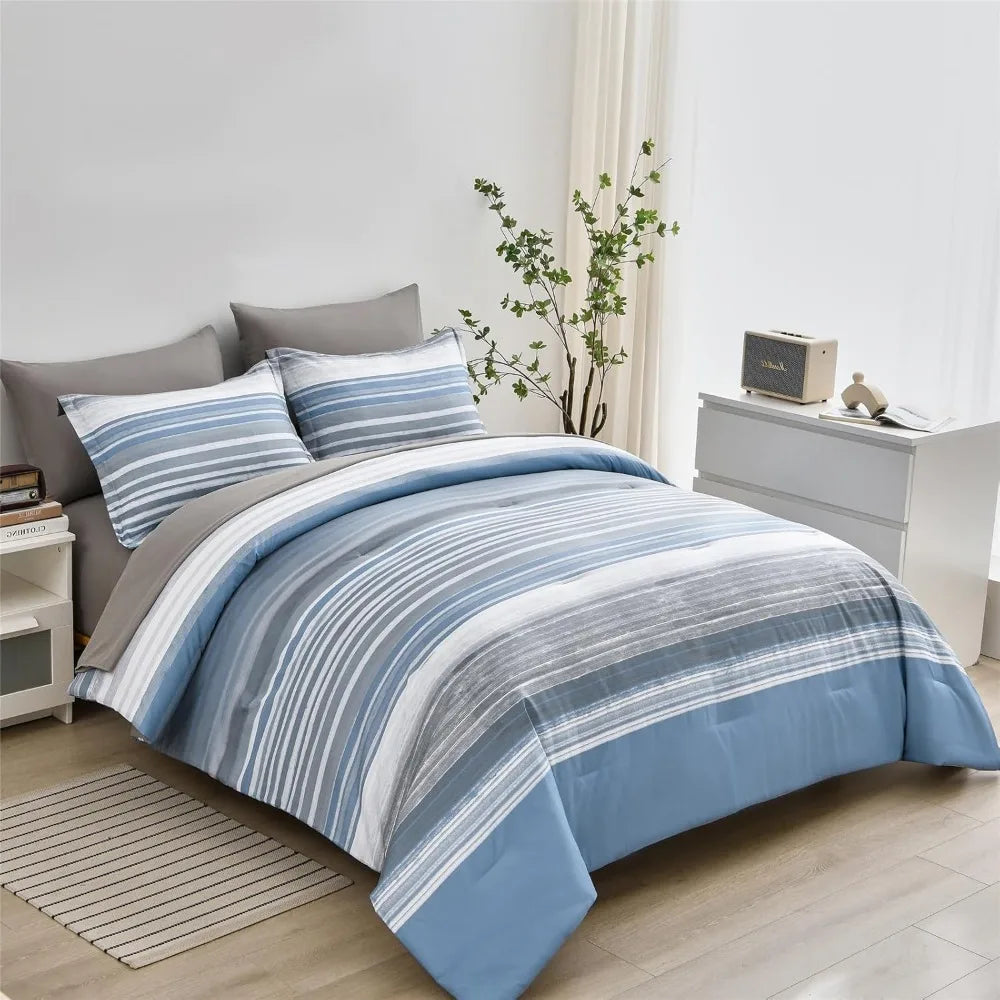 Full Size 7-Piece Striped Comforter Set – White, Grey & Blue All-Season Bedding Set with Sheets and Pillowcases