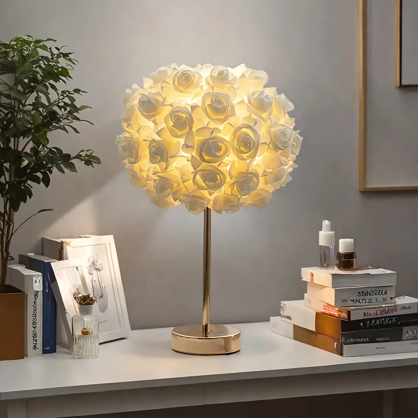High-End LED Table Lamp with 52 Rose Flower Shade – Polished Metal Base