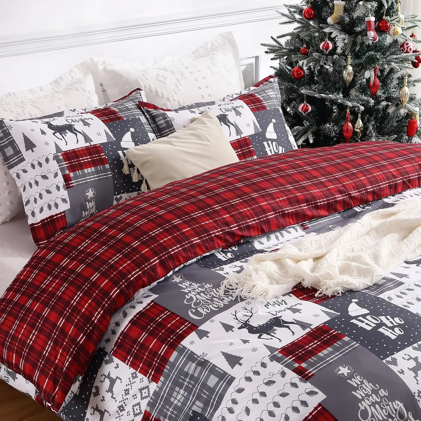 Christmas Plaid Duvet Cover Set – Reversible Red Holiday Bedding in Queen & King