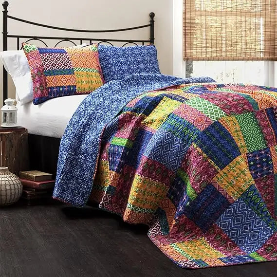 Reversible Cotton Quilt Set – 3-Piece Full/Queen Bedding with Shams, Bohemian Patchwork