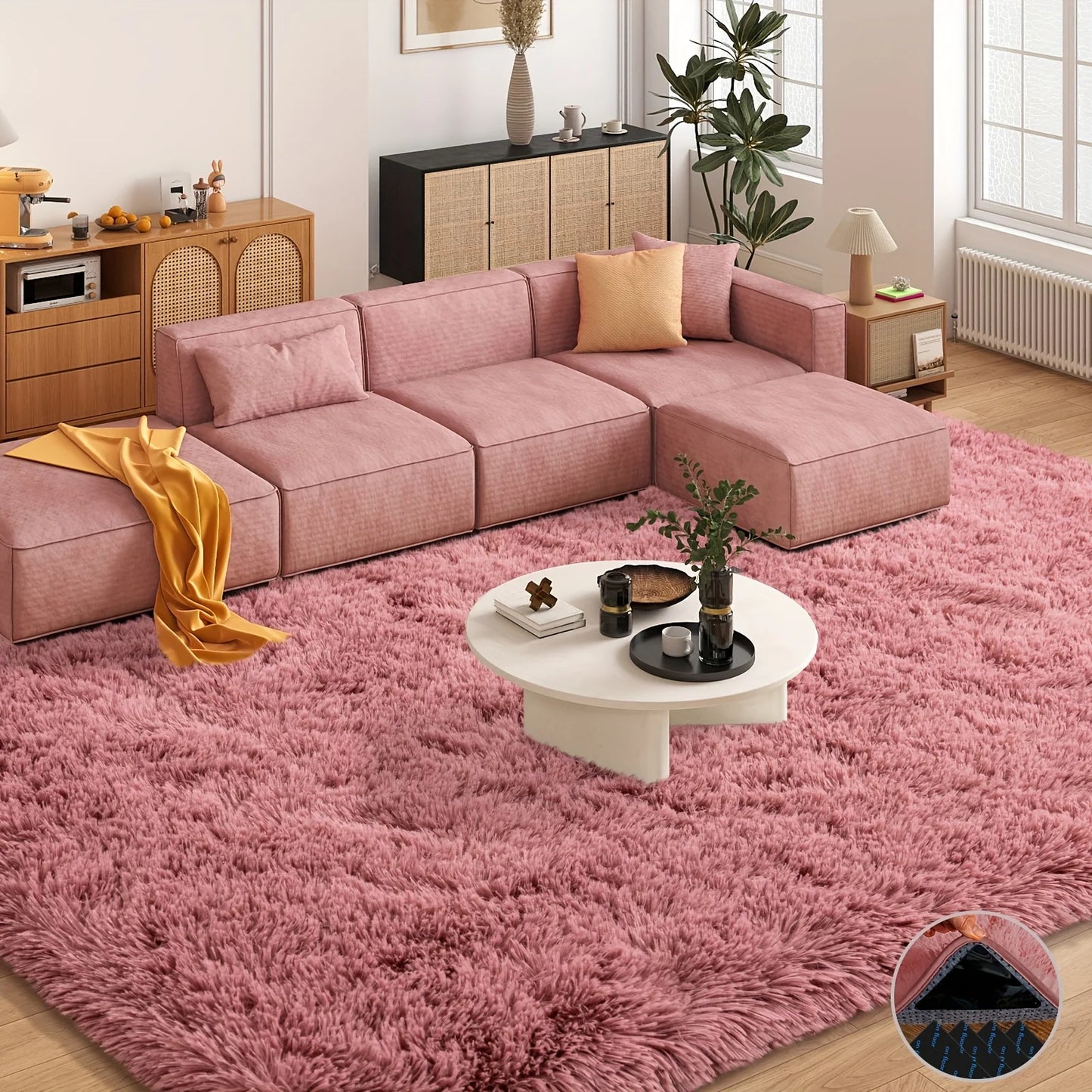 Bean Paste Color Fluffy Plush Non-Slip Carpet – Soft Area Rug with 4 Stickers